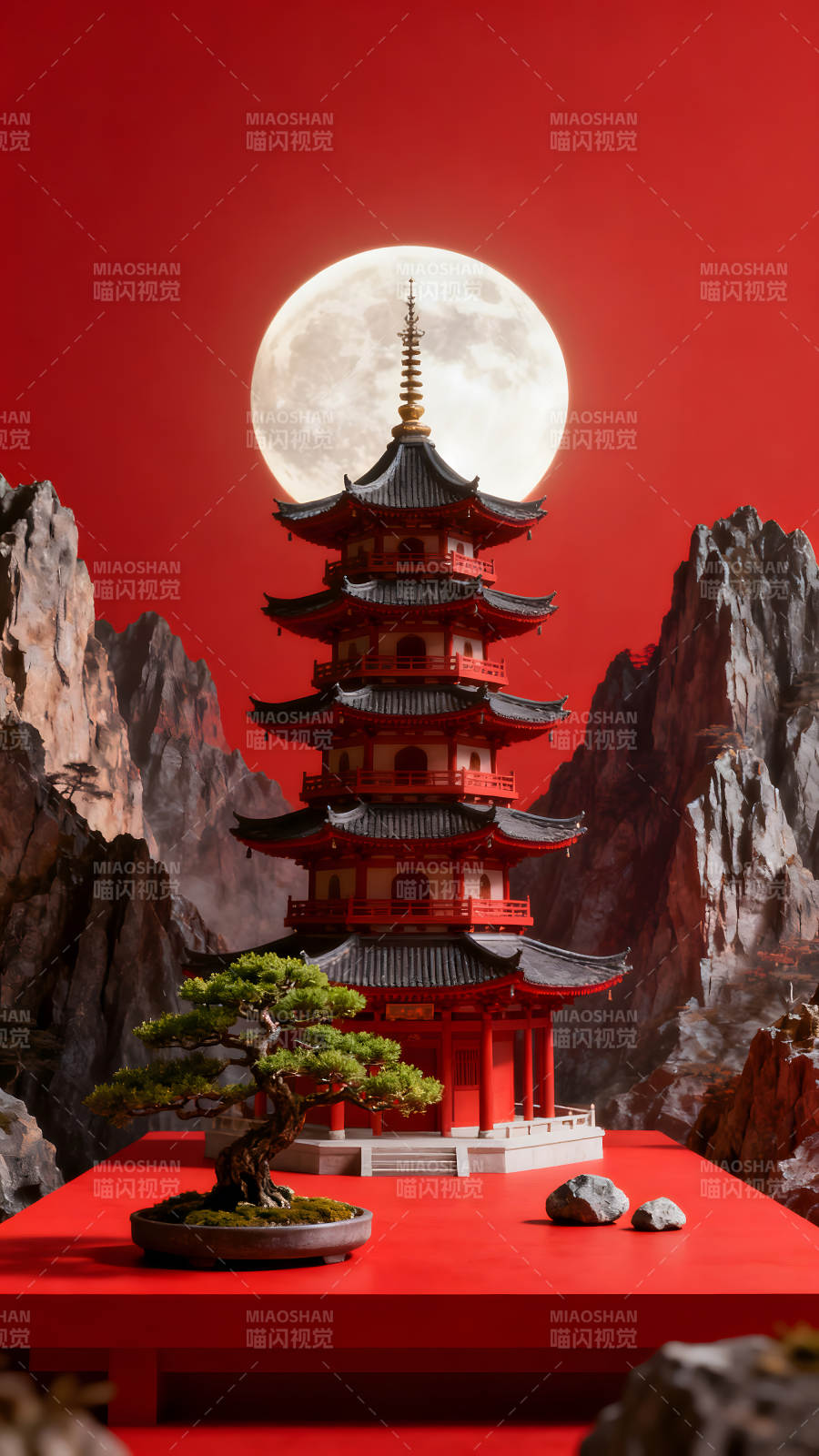 红色背景下的日本宝塔与满月图片