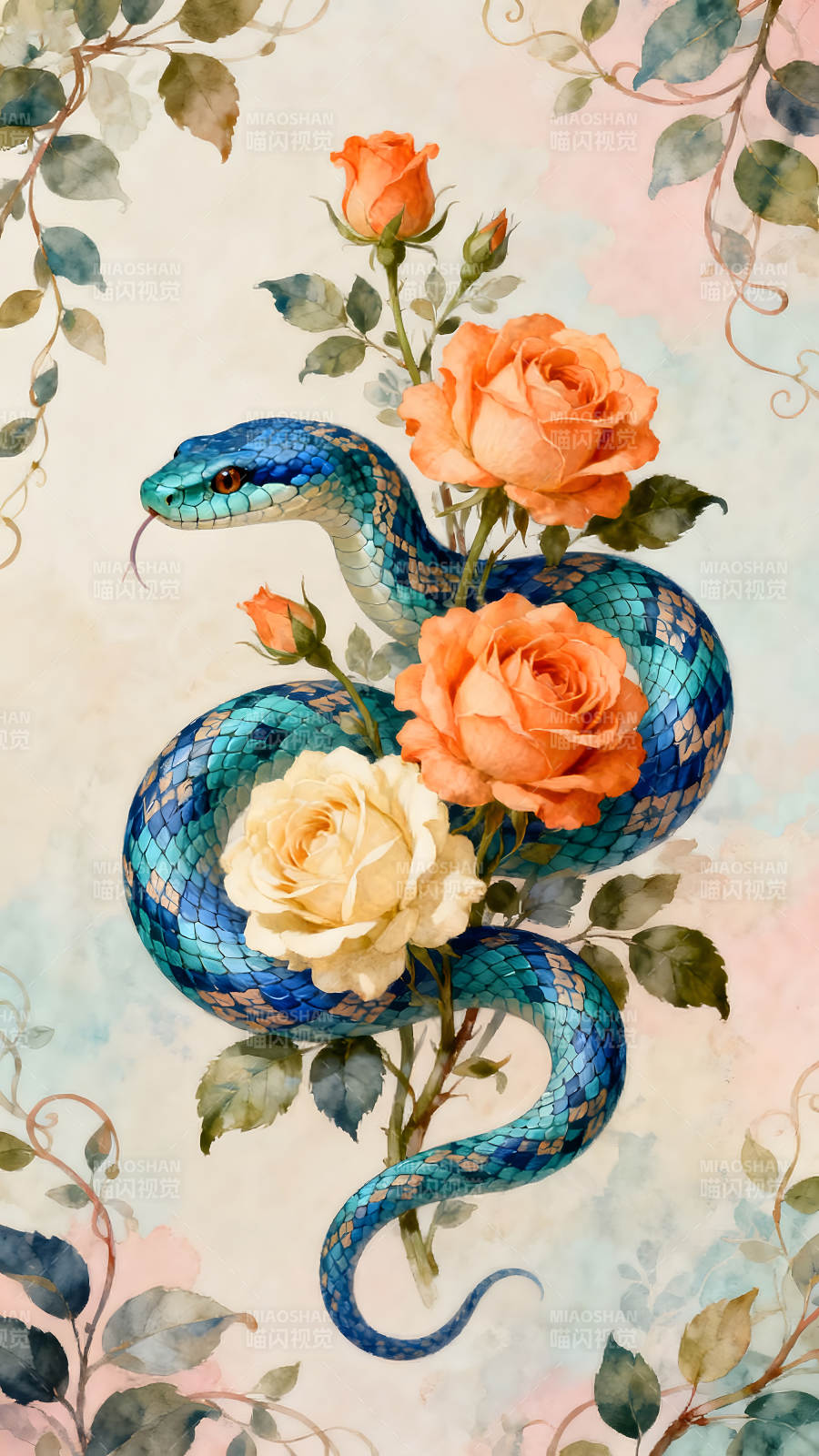 蛇与玫瑰唯美画作图片