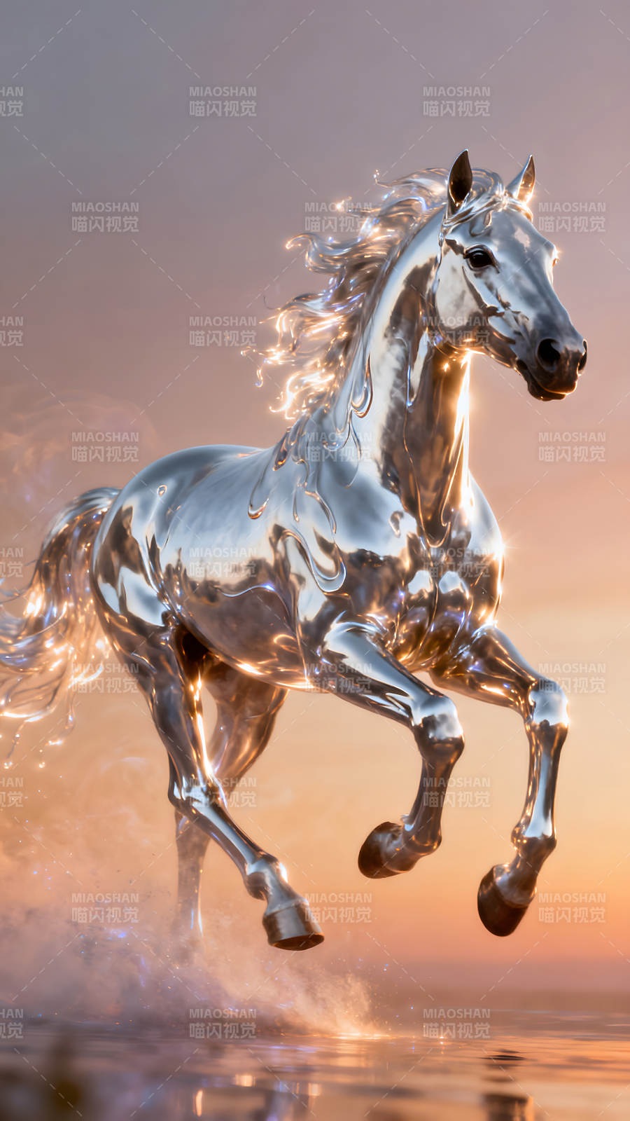 银色骏马腾空飞跃光芒四射图片