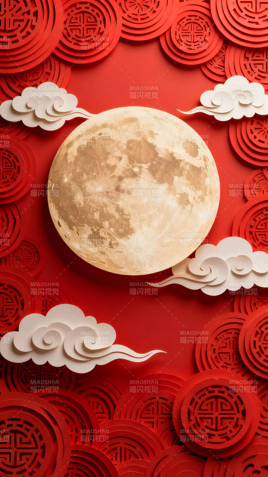 中秋节主题祥云满月红纸图片