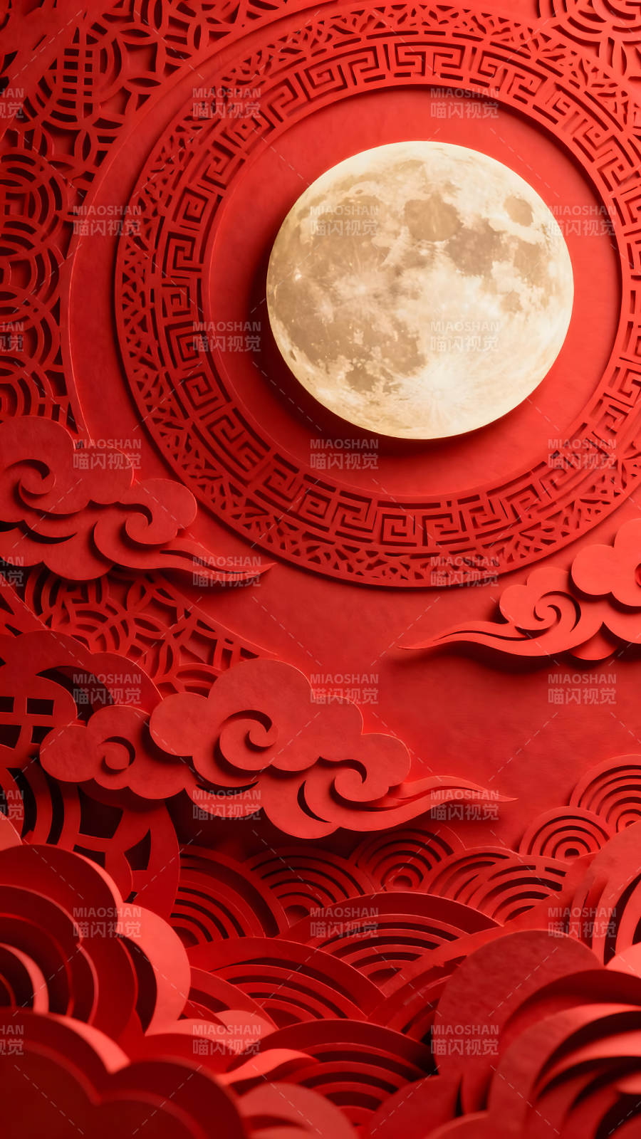 红色的月亮与祥云的剪纸艺术图片