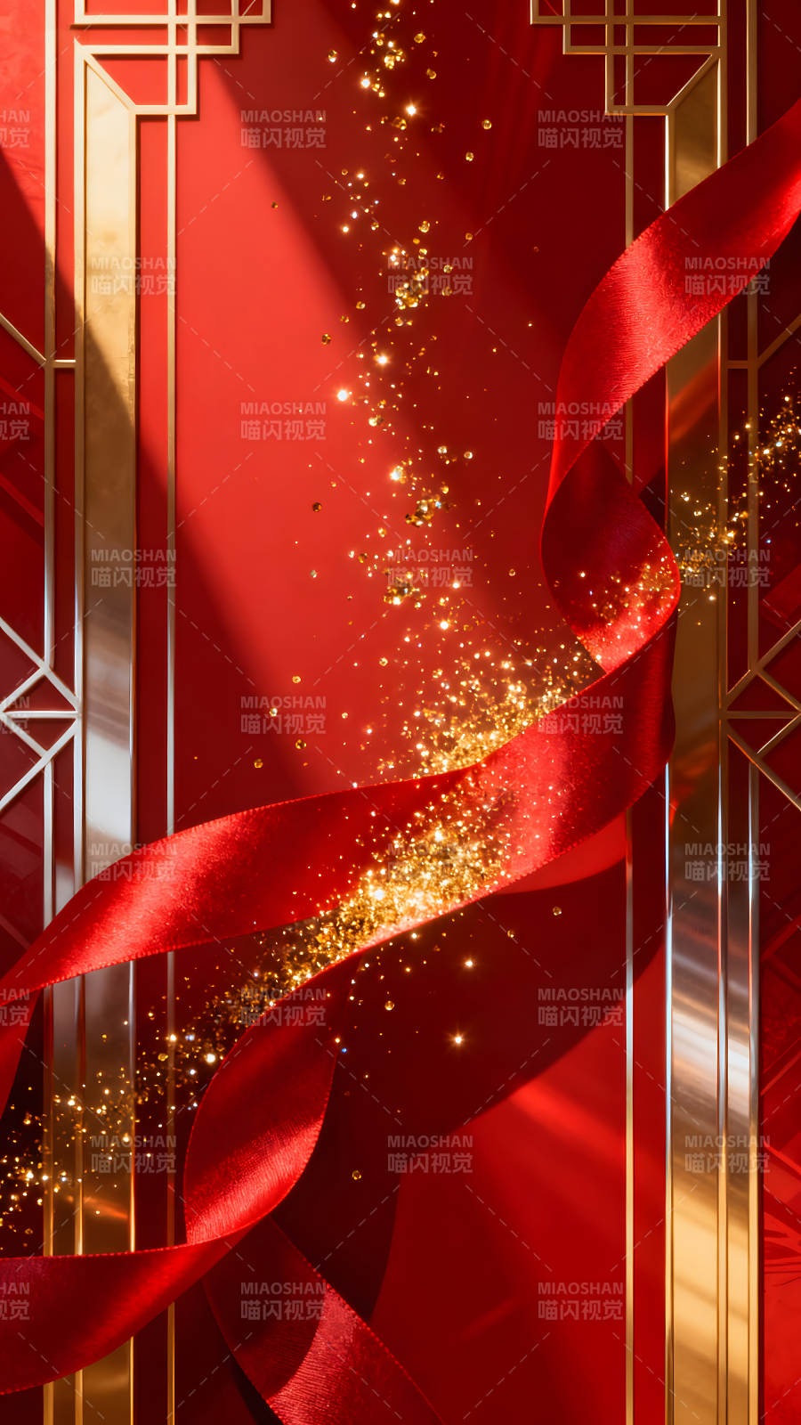红绸带金色光点装饰背景图片