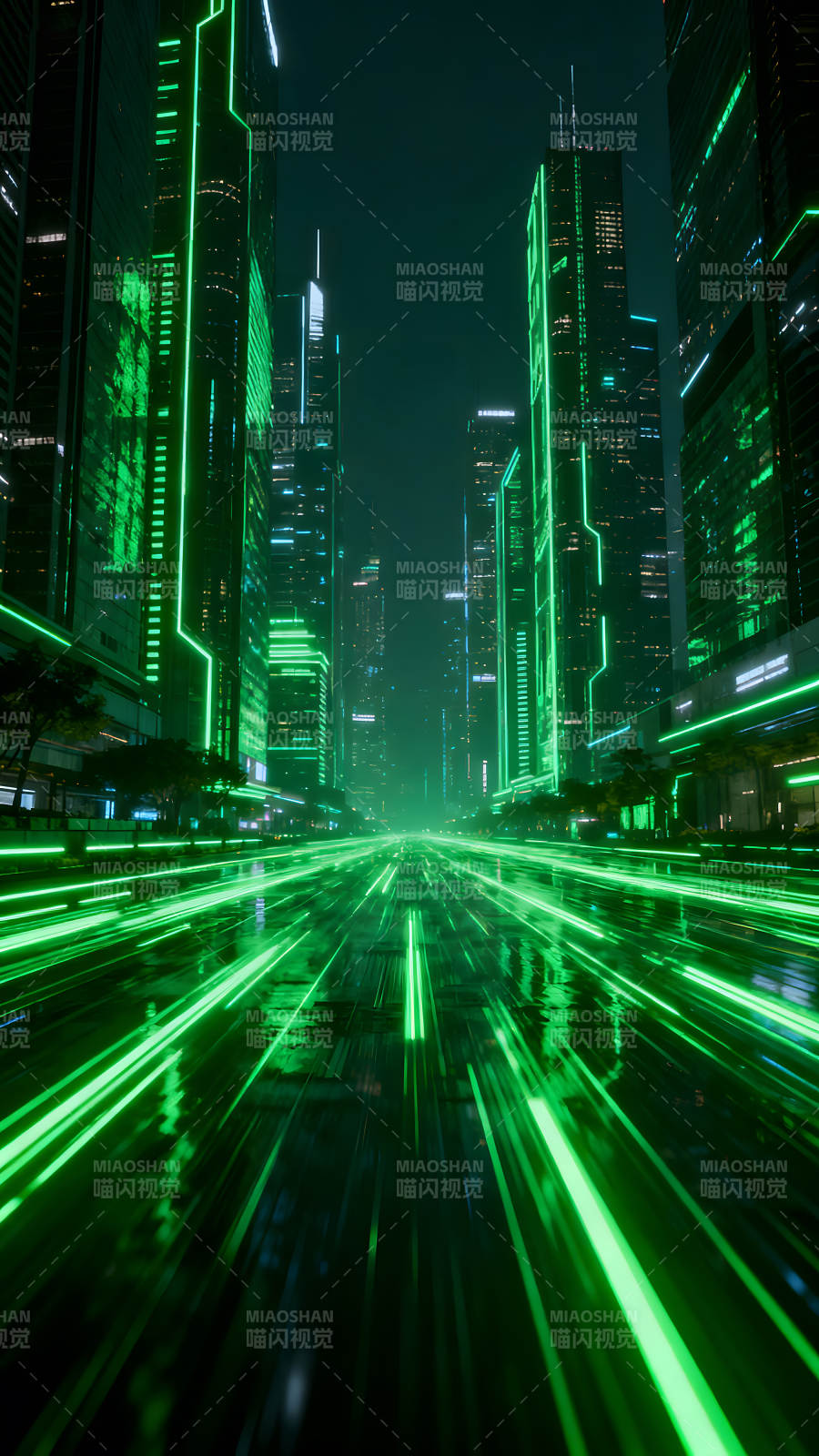 未来都市夜景霓虹灯光映照图片