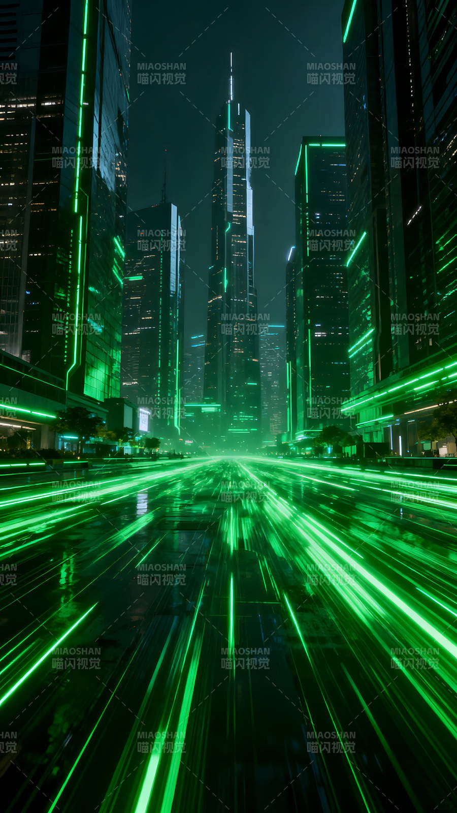 未来都市夜景绿色光芒照耀图片