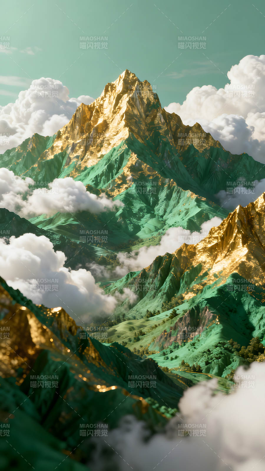 金色山峰与翠绿山峦的唯美景象图片