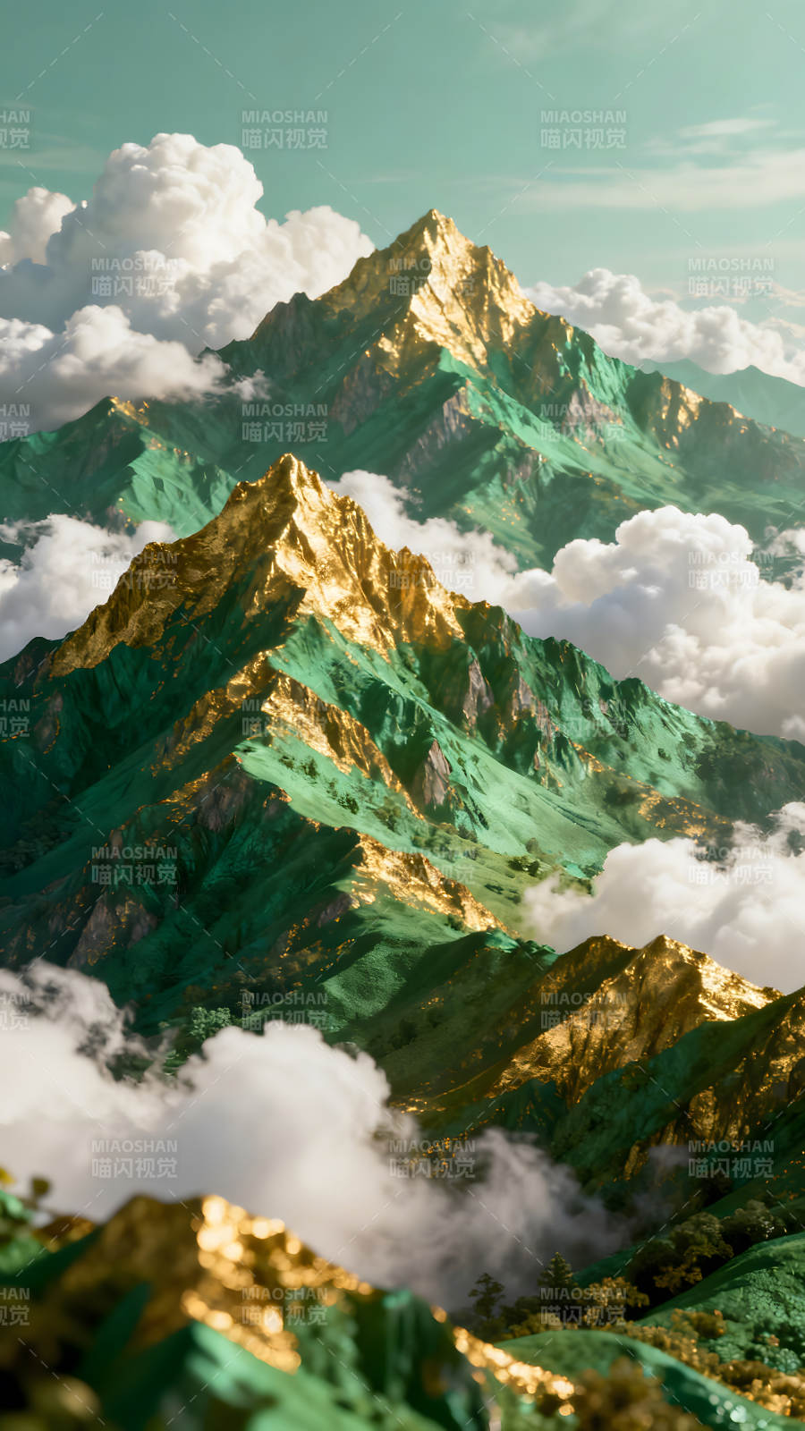 金色山峰翠绿山坡云雾缭绕图片