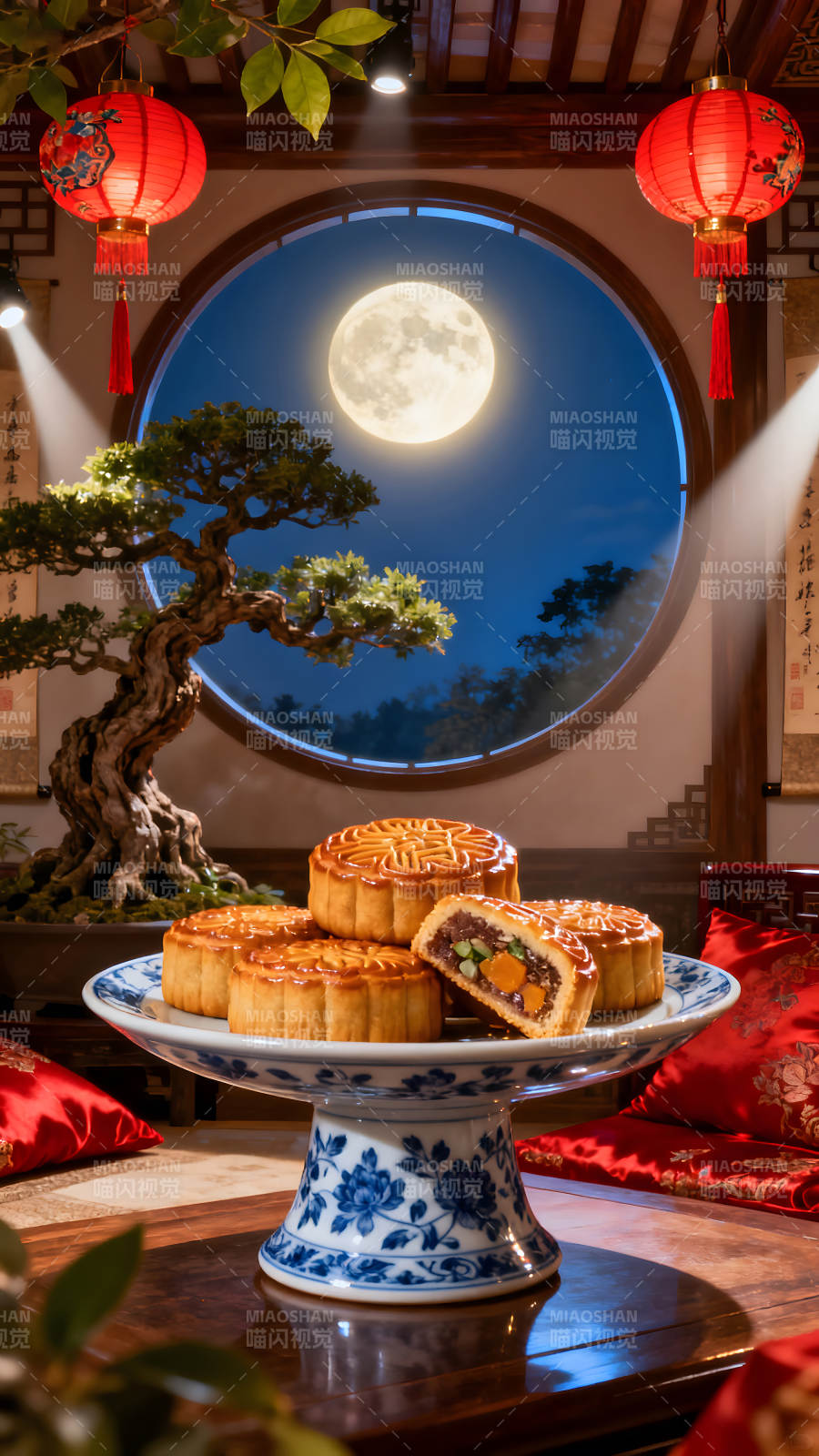 中秋赏月吃月饼图片