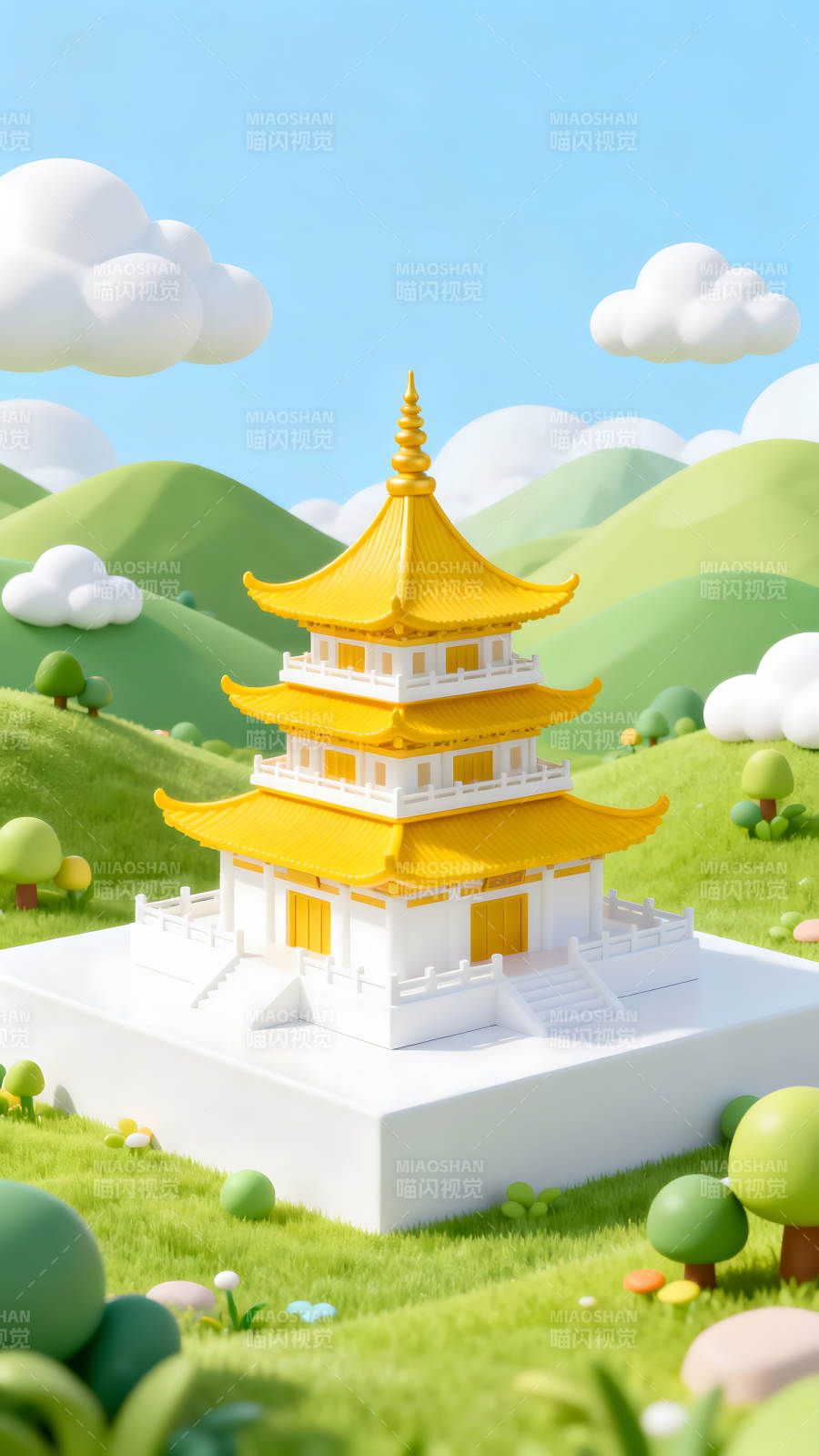 卡通风格的寺庙建筑与自然景观图片