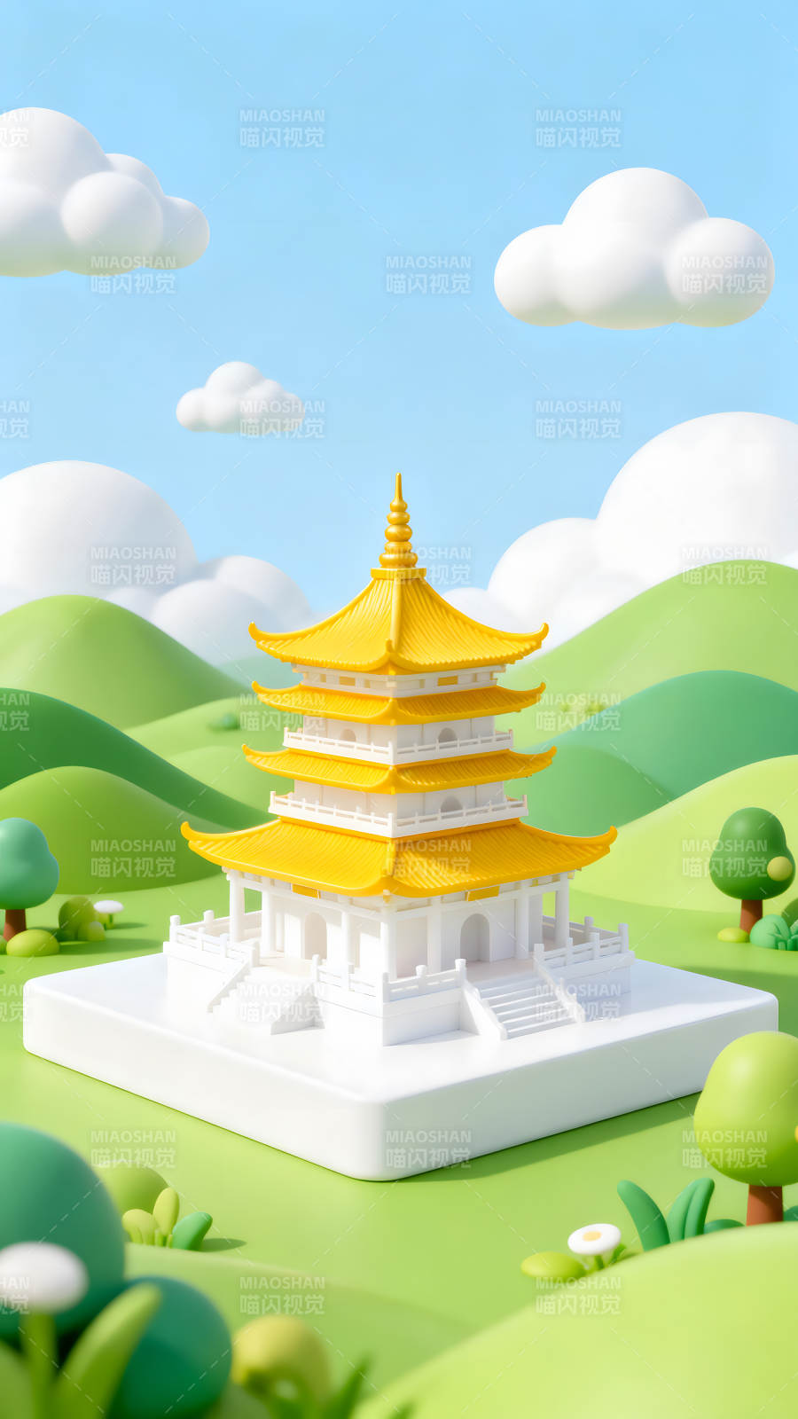 卡通风格的寺庙与风景图片