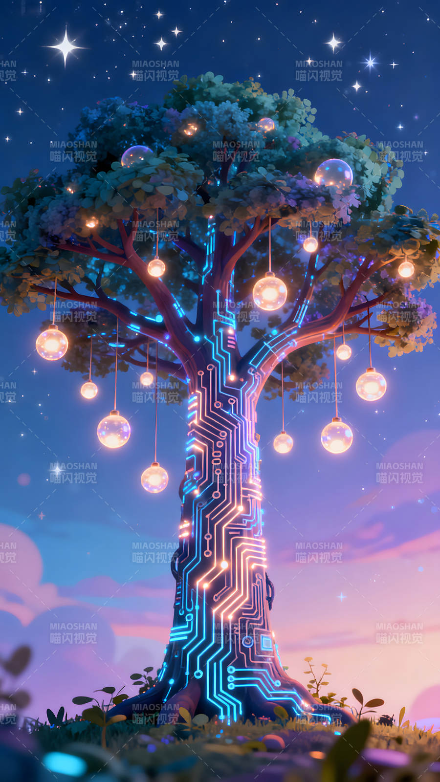 电路树发光吊灯夜空图片