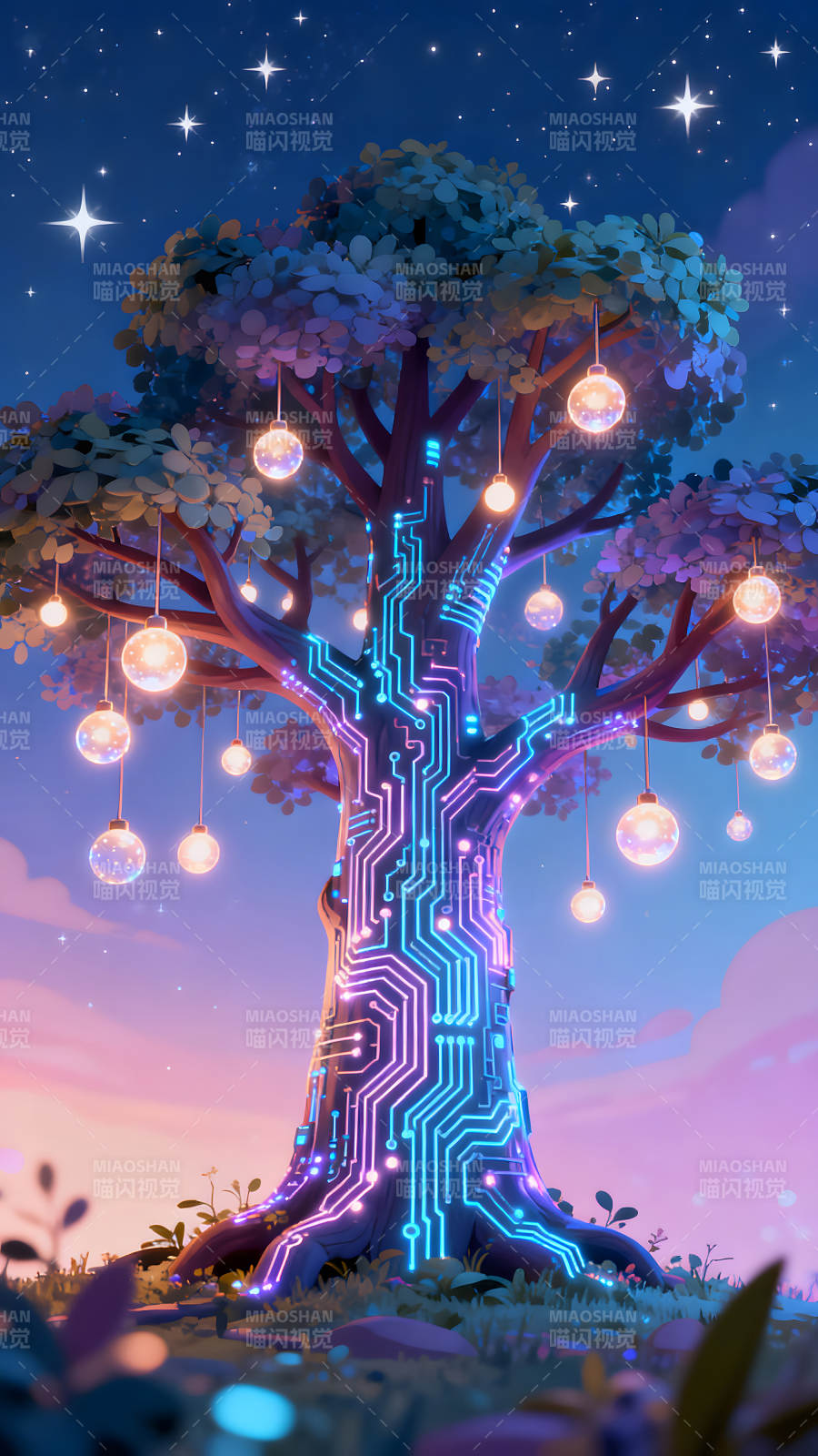 科技树夜景灯光点缀唯美图片