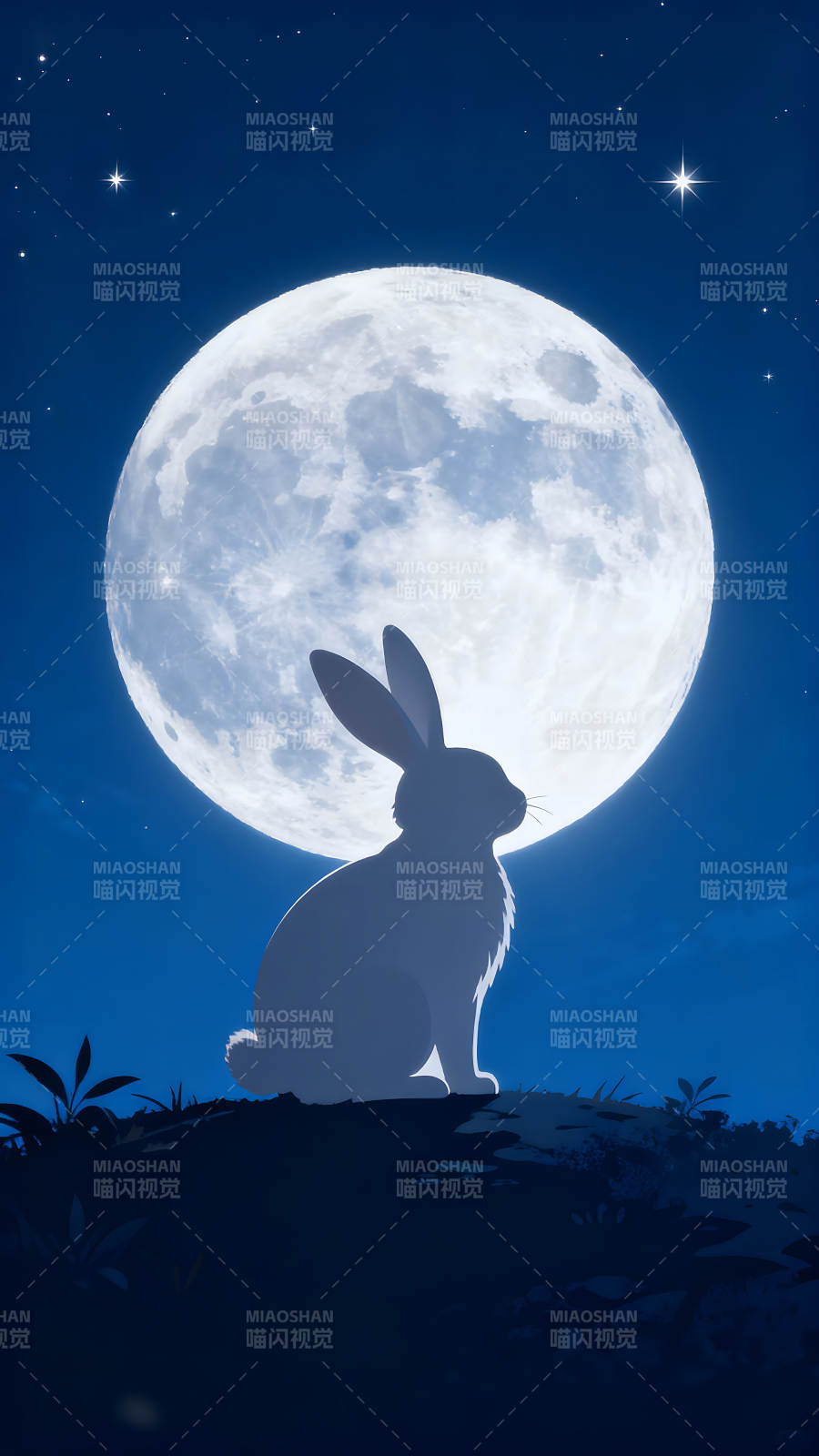 月夜兔影静谧梦幻图片