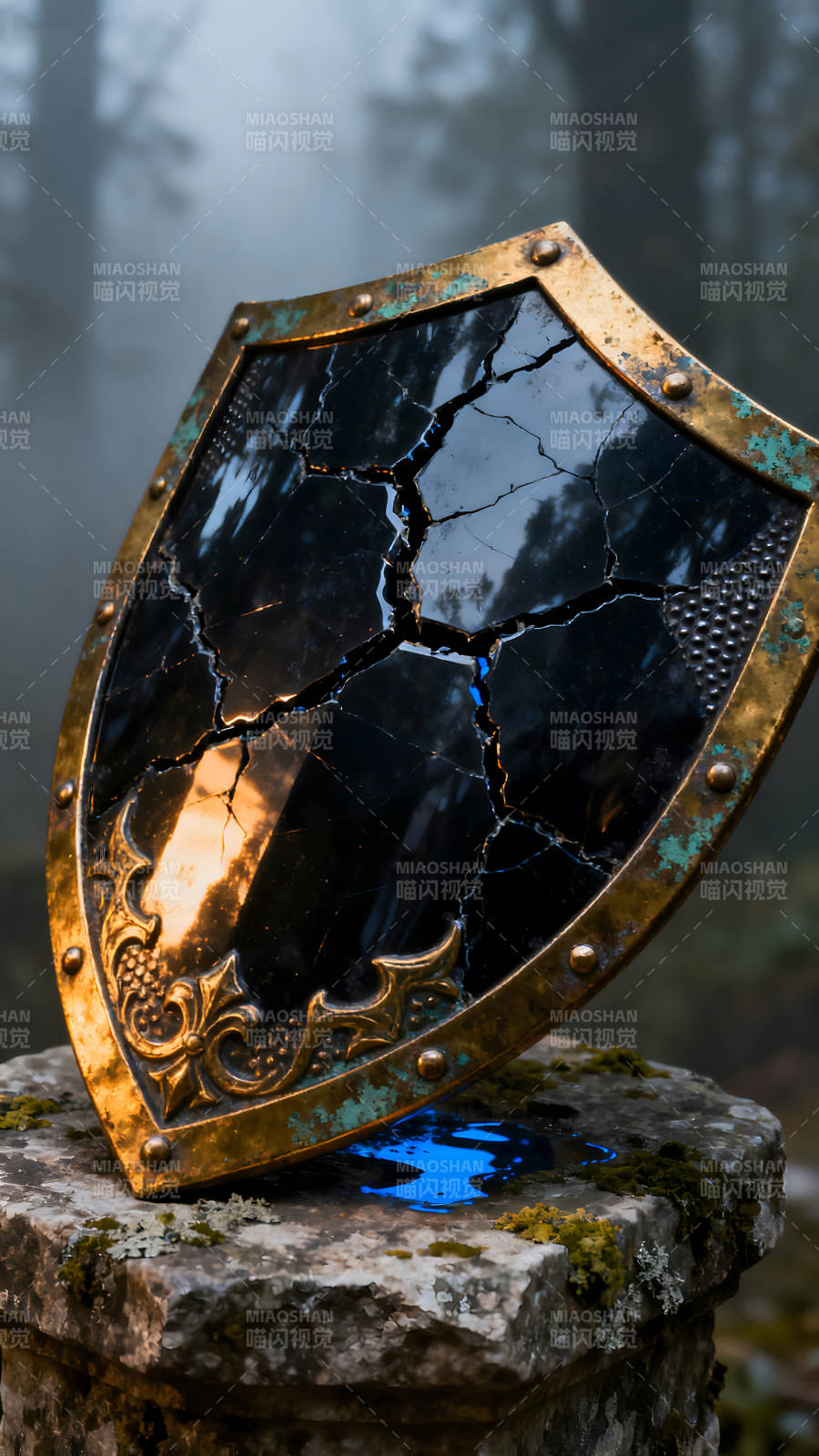 破碎的古老盾牌散发着光芒图片