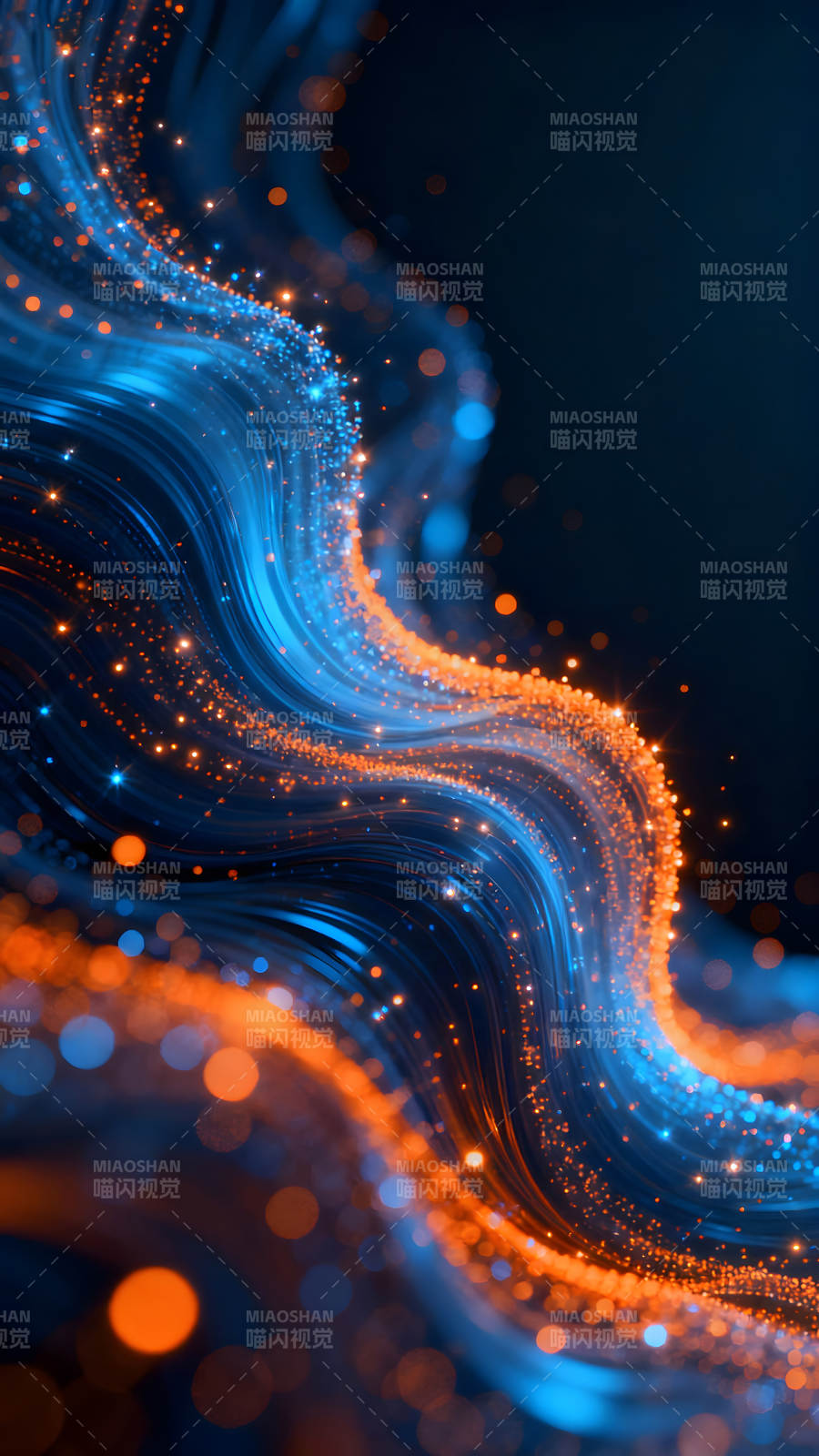 蓝色线条和橙色光点抽象画图片