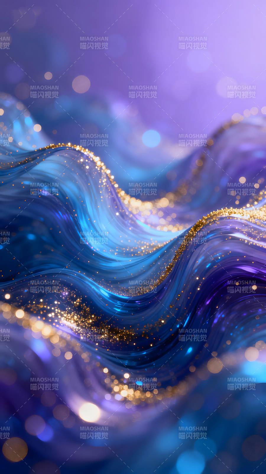 蓝色液体流动与金色闪耀图片