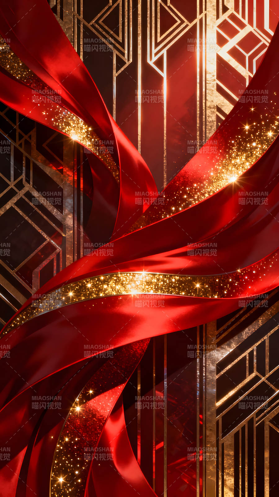 红色绸带金色装饰奢华背景图片