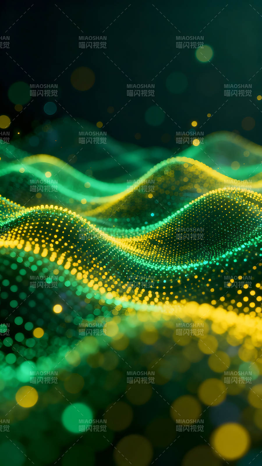 绿黄光点构成的抽象山丘图片