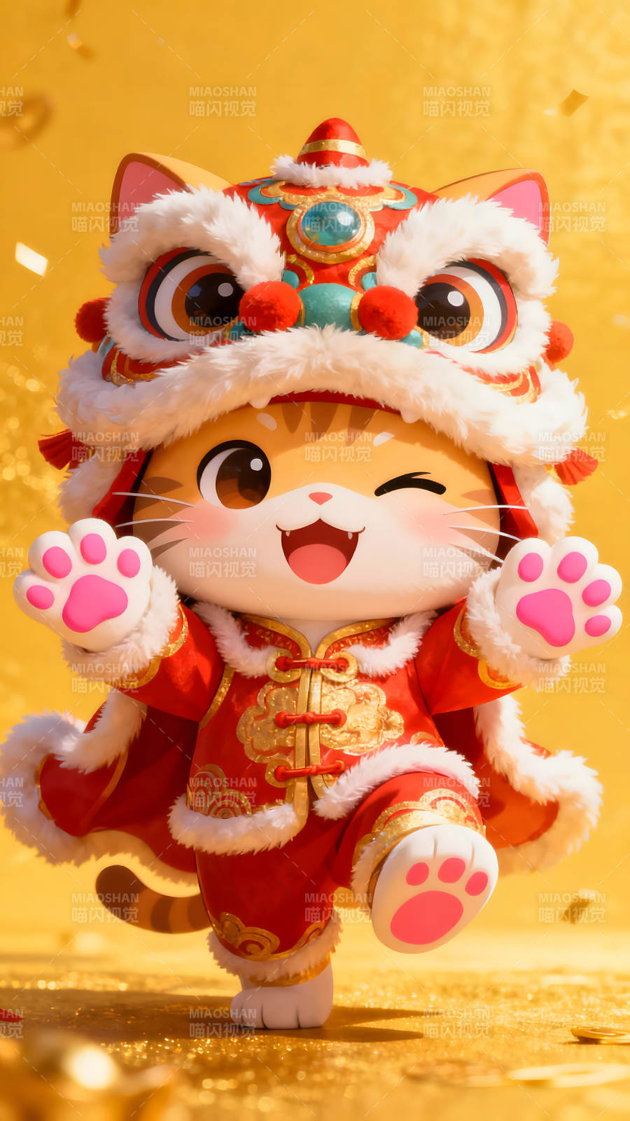 喜庆猫咪舞狮庆祝新年图片