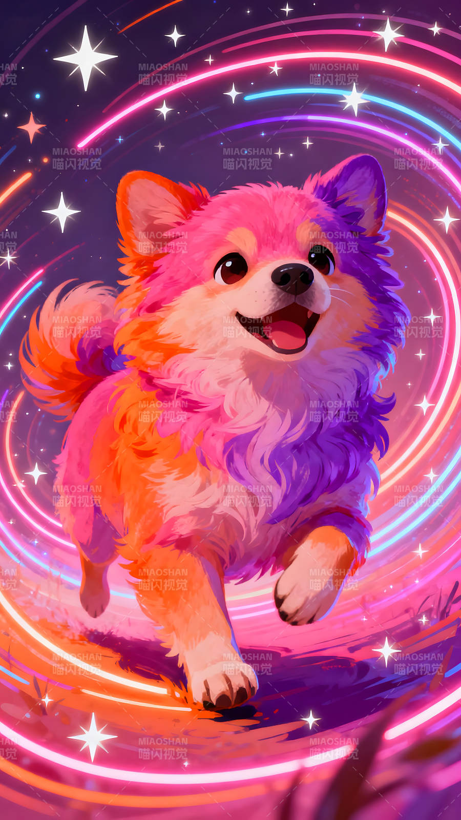 彩色小狗在星空中奔跑图片