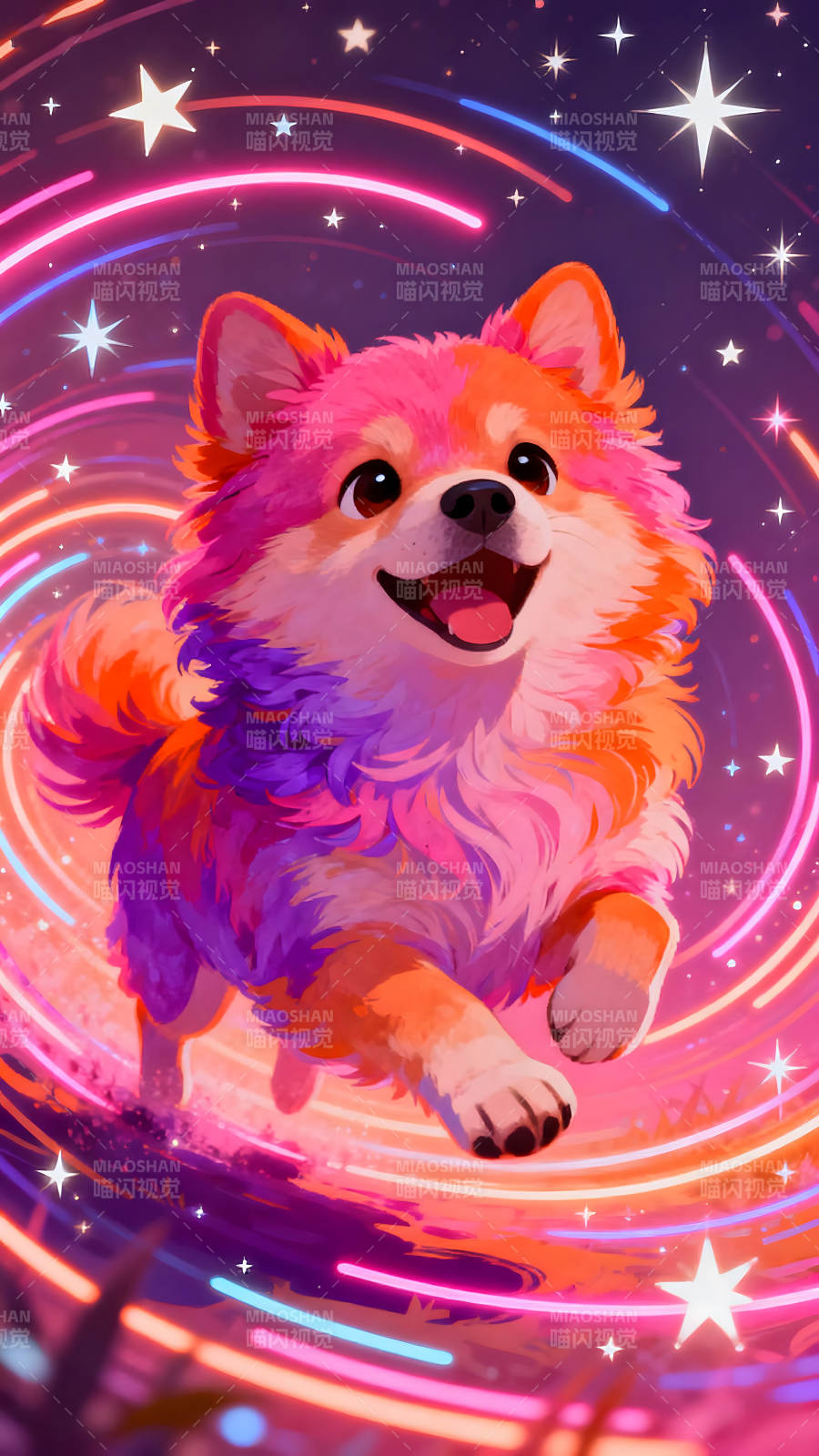 彩色可爱狗狗在星空下奔跑图片