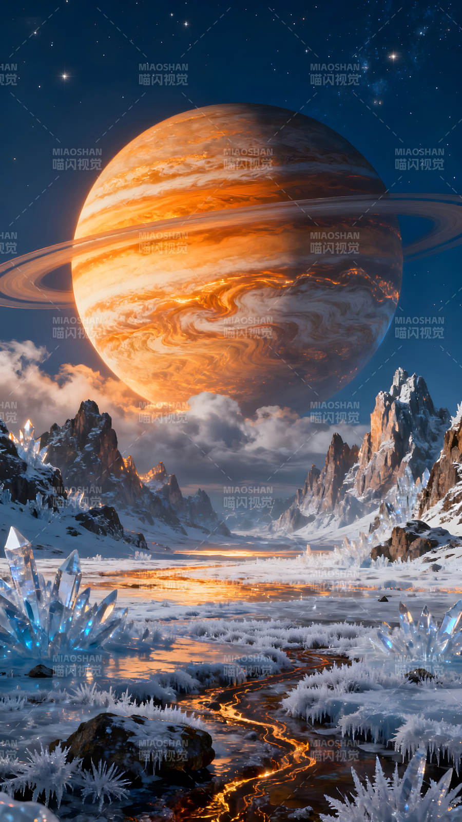 冰雪星球奇观巨型星球悬挂天际图片