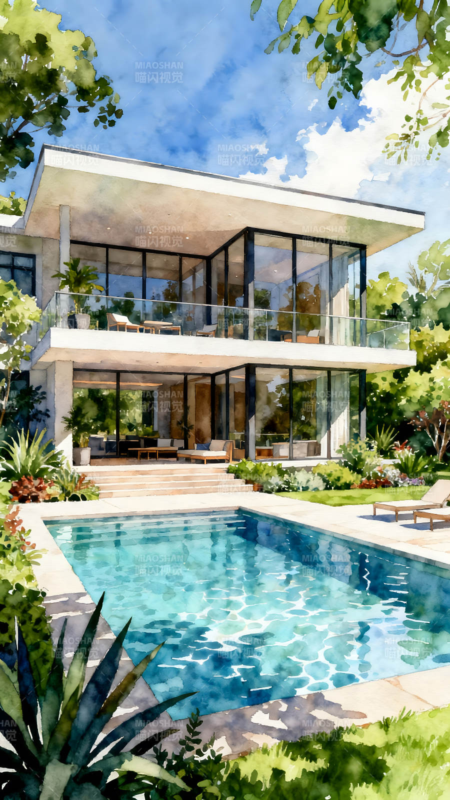 水彩别墅带泳池风景图片