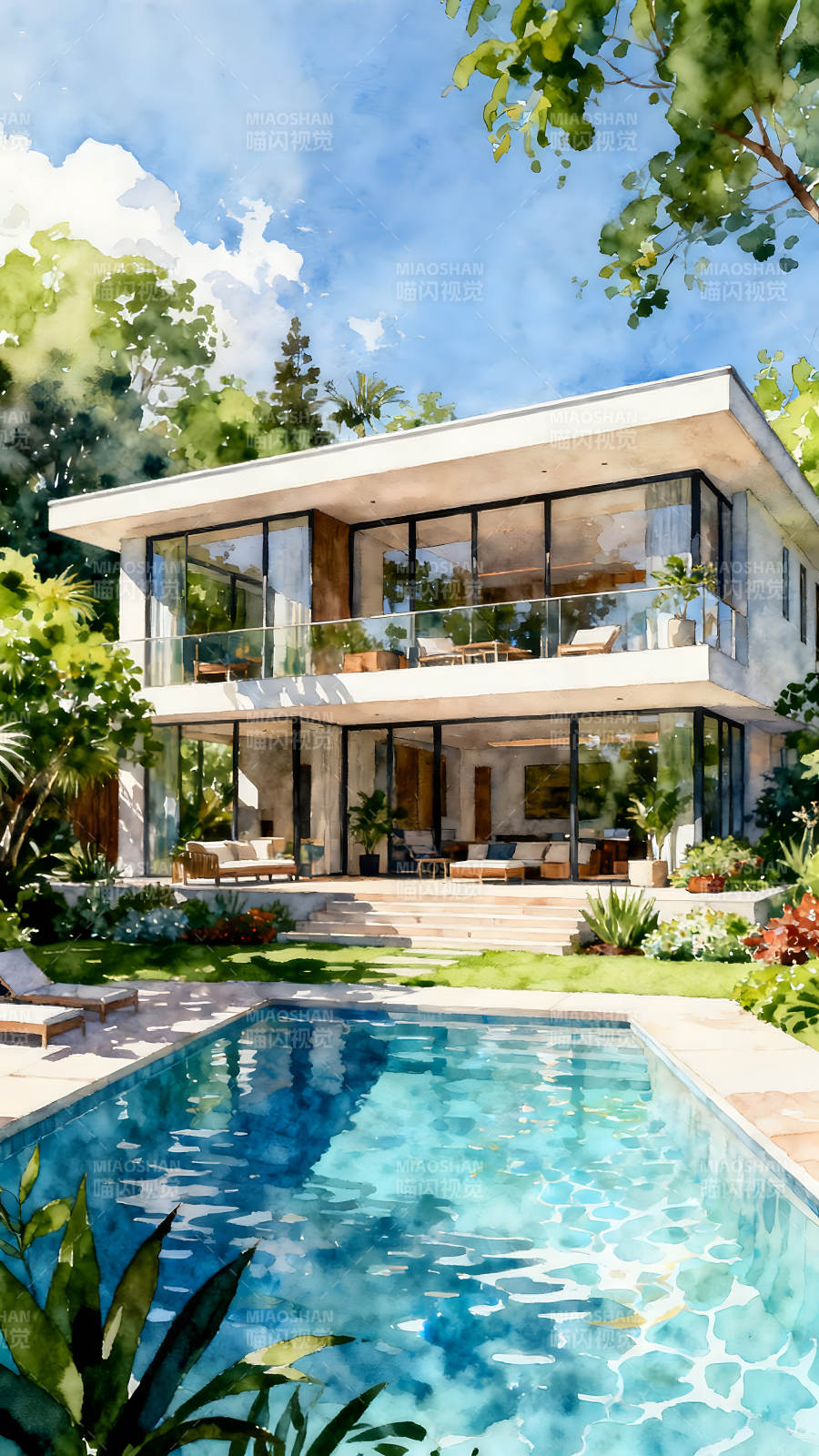 水彩风格豪宅与泳池风景优美环境舒适图片