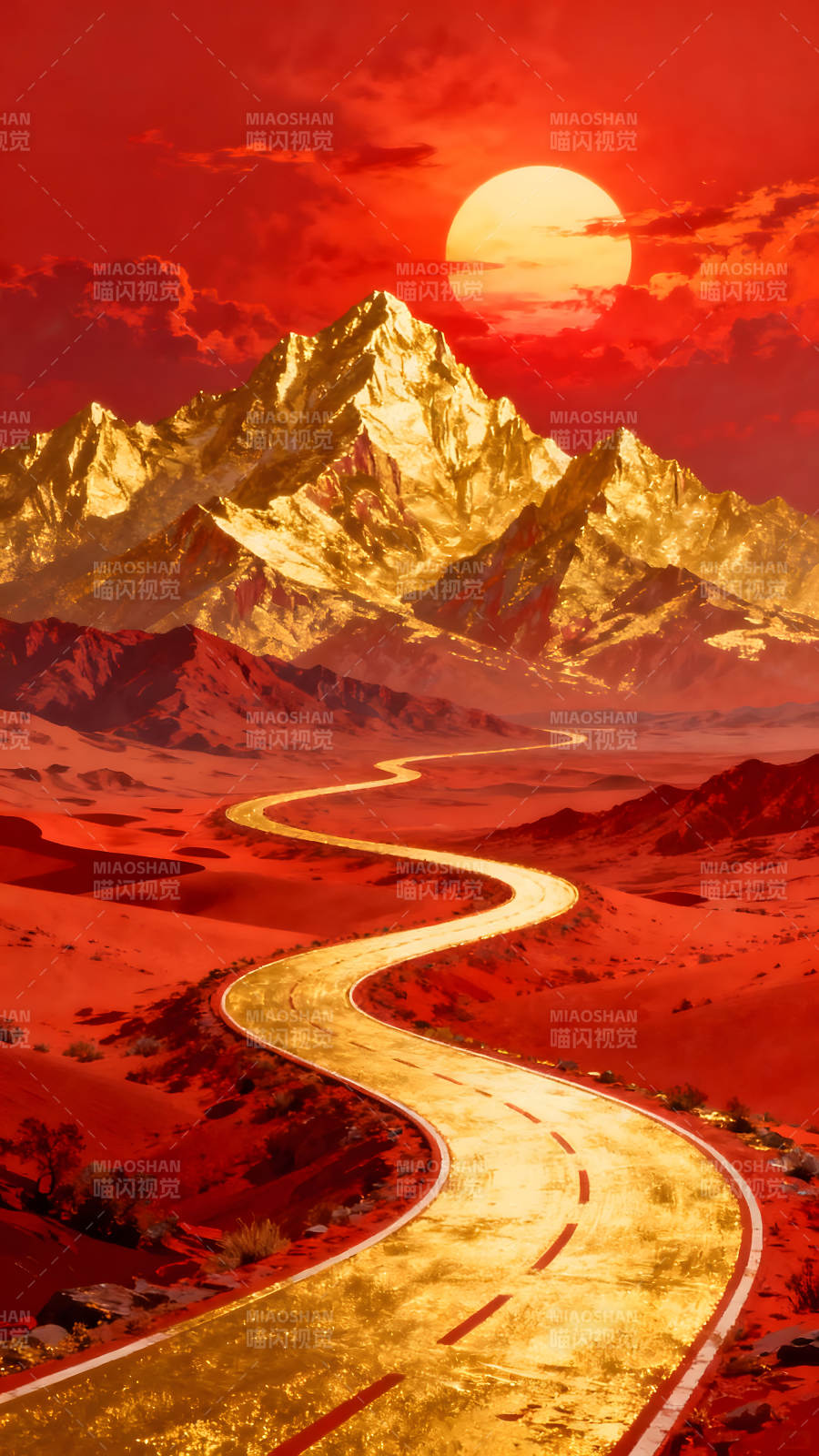 金色公路穿越红色沙漠通向金色山脉图片