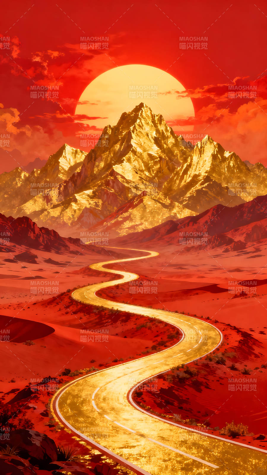 金色道路通向金山夕阳红霞图片