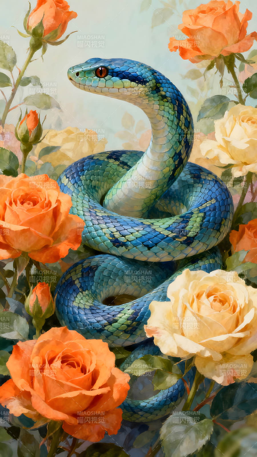 蛇与玫瑰花的艺术画图片