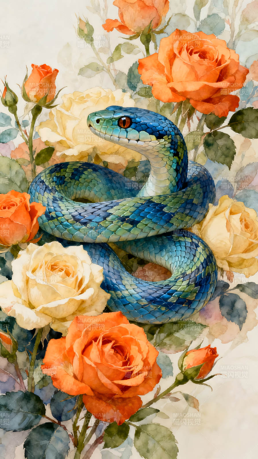 蛇与玫瑰的唯美水彩画图片
