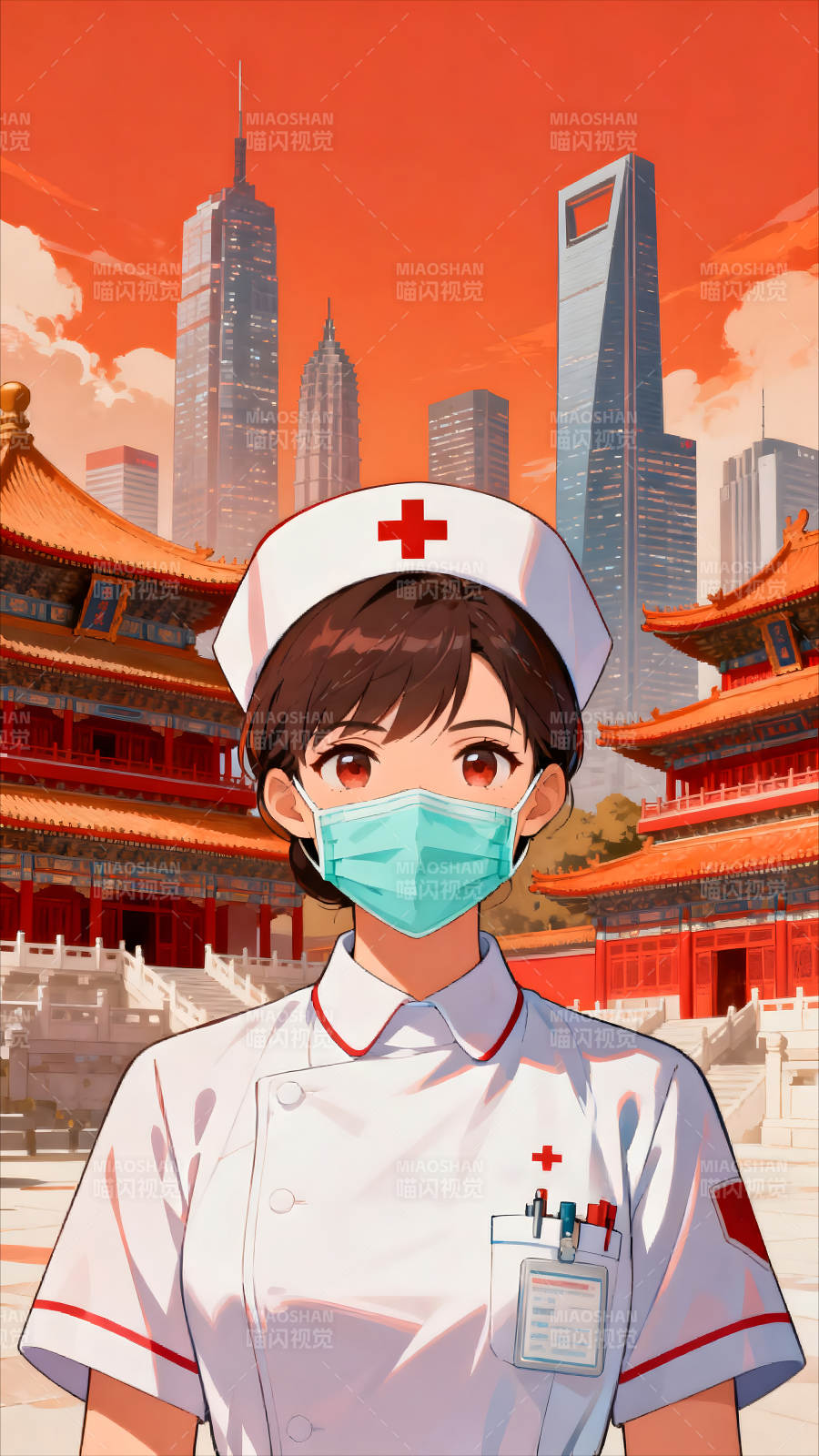 戴口罩的护士背景为中国建筑图片