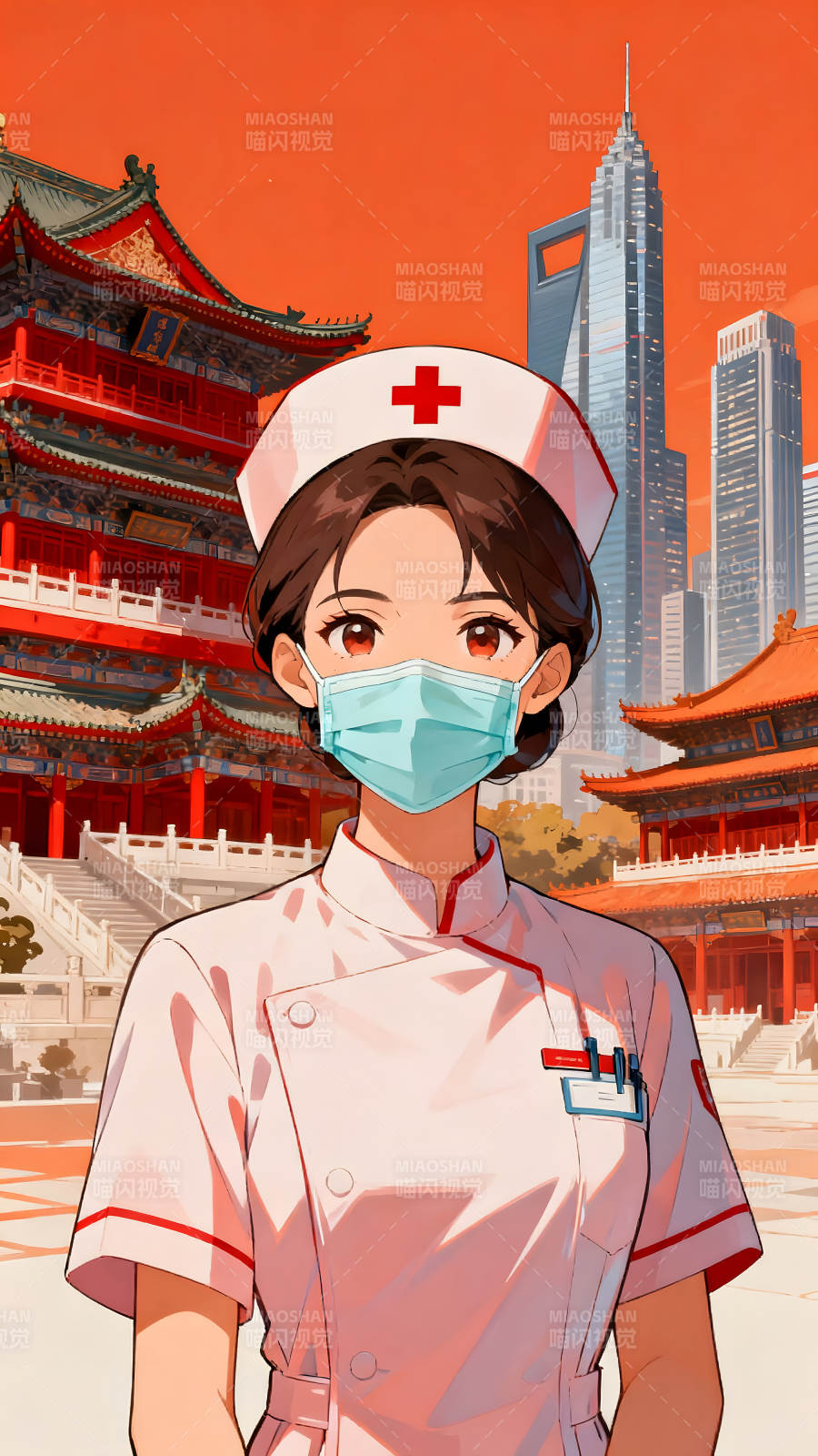 戴口罩的护士站在建筑前图片