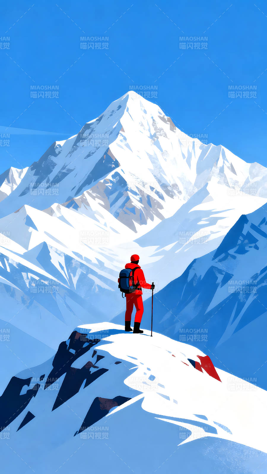 登山者眺望雪山风景图片