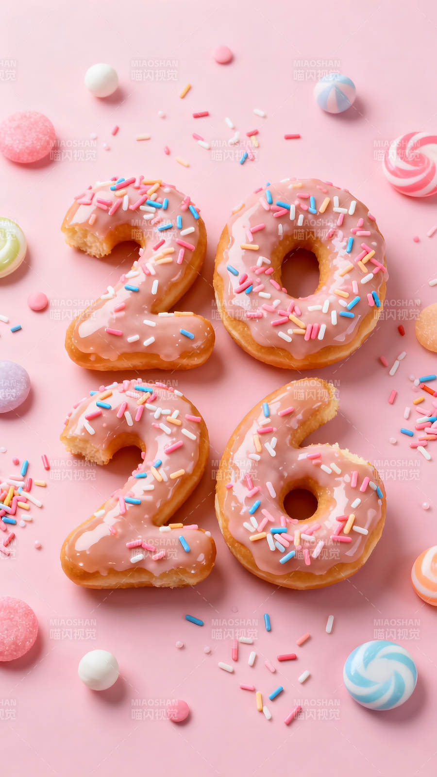 甜甜圈与糖果的粉色生日祝福图片