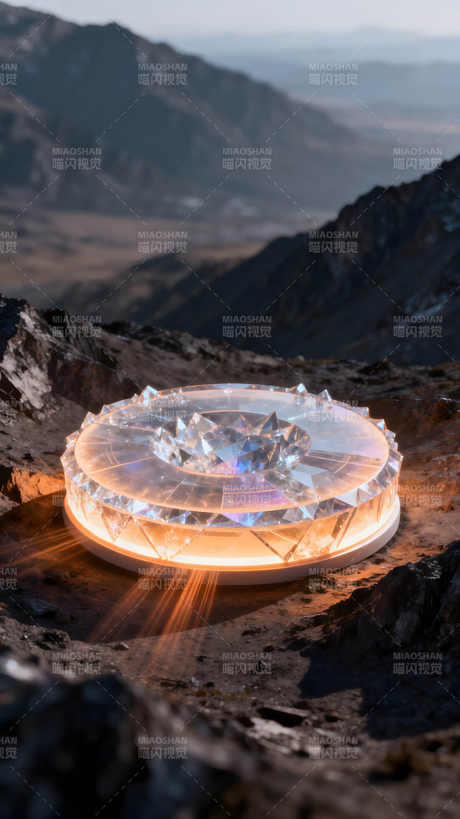 发光的钻石座落在山石上图片