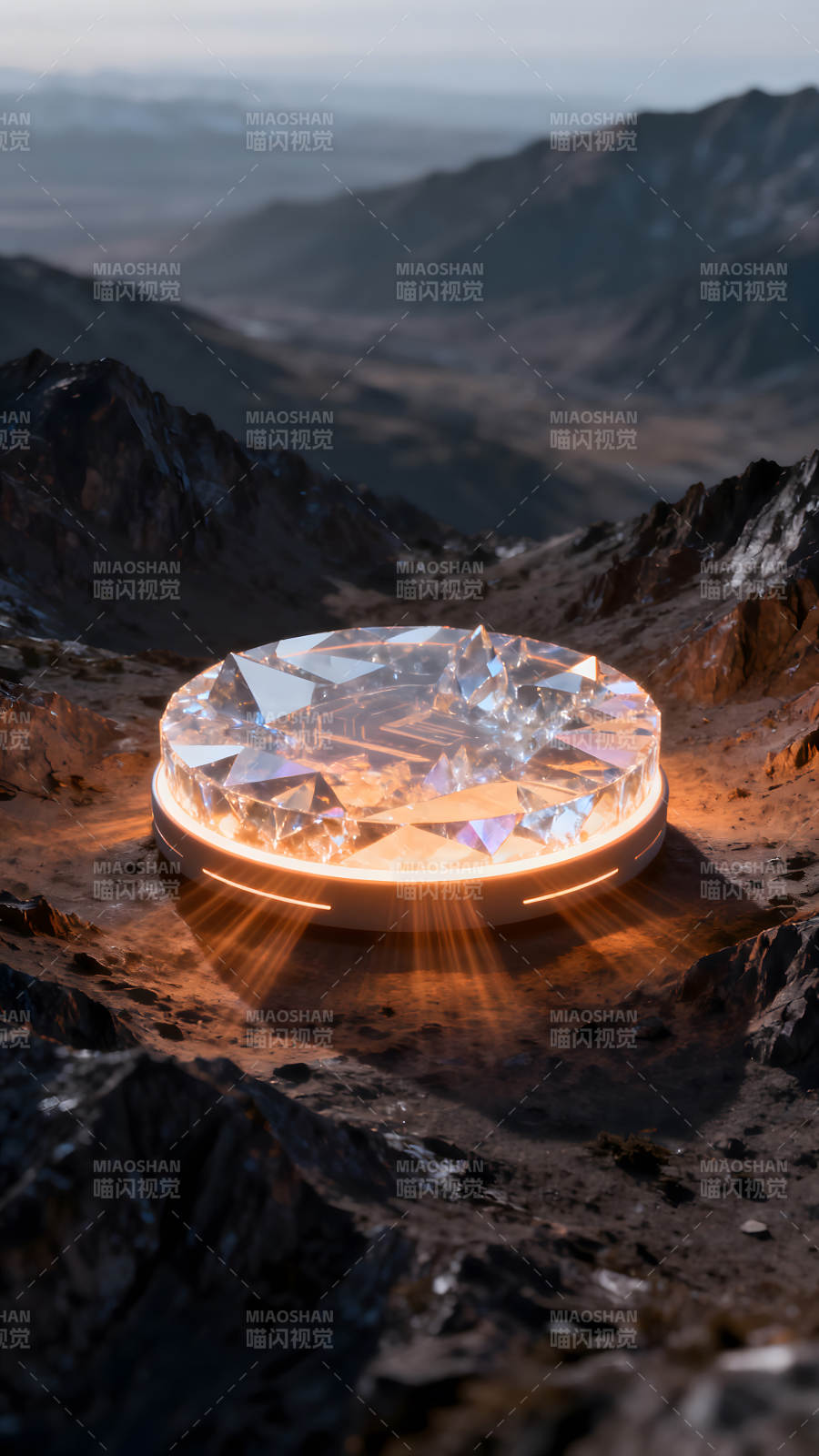 未来科技水晶光芒照亮崎岖山脉图片