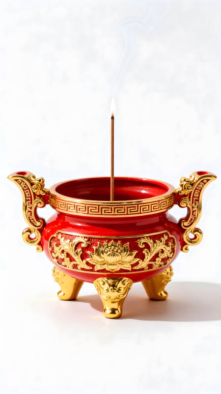 红色香炉燃烧香烛图片