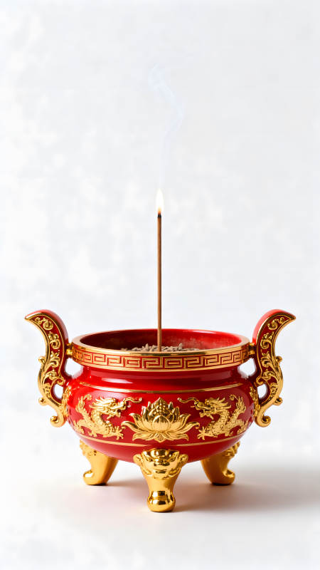 红色的香炉和点燃的香图片