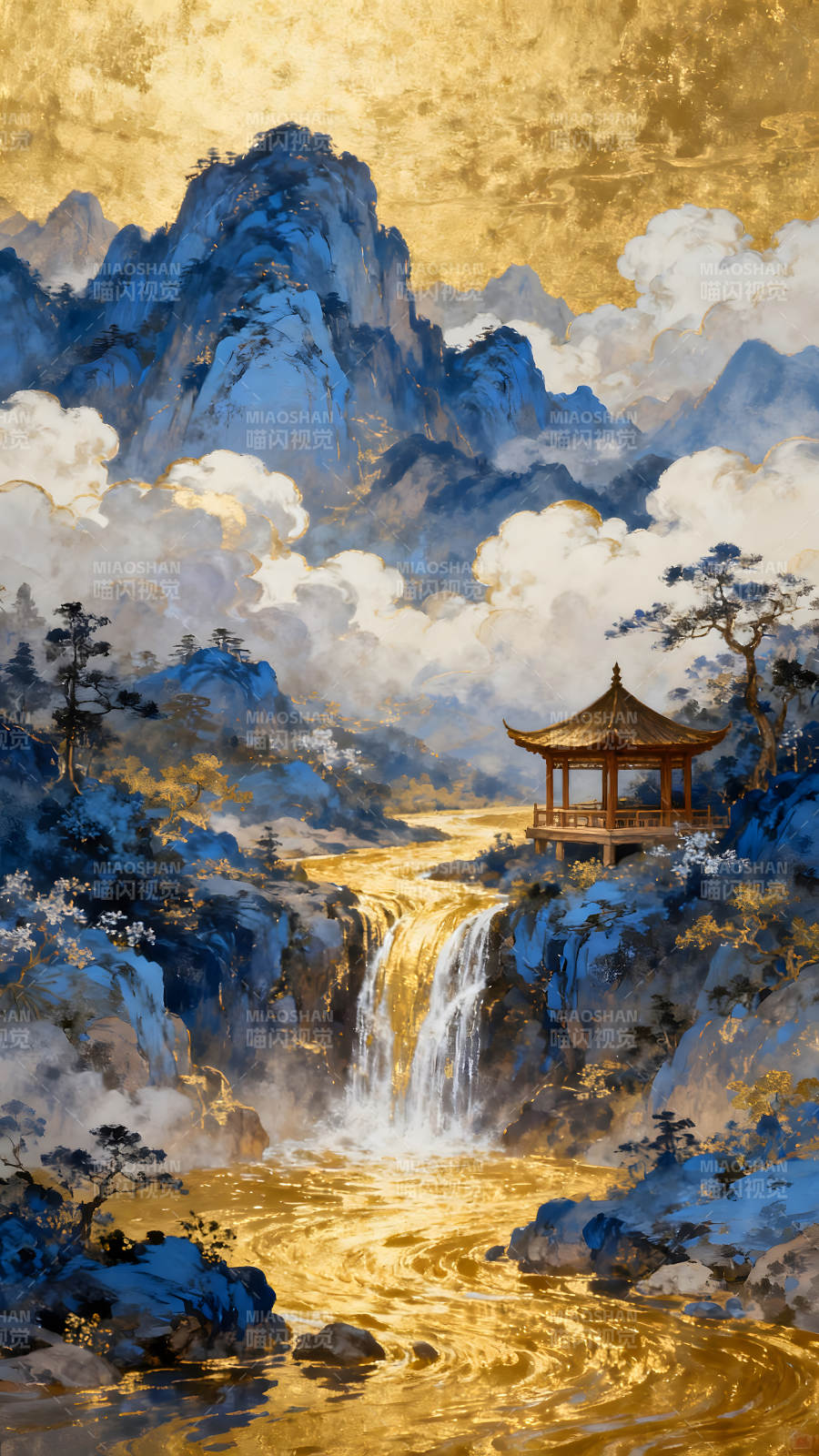金碧山水画亭台瀑布云雾缭绕图片