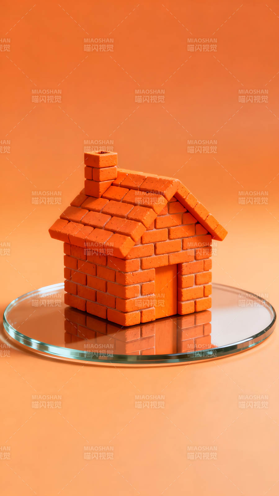 橙色砖房置于玻璃盘上图片