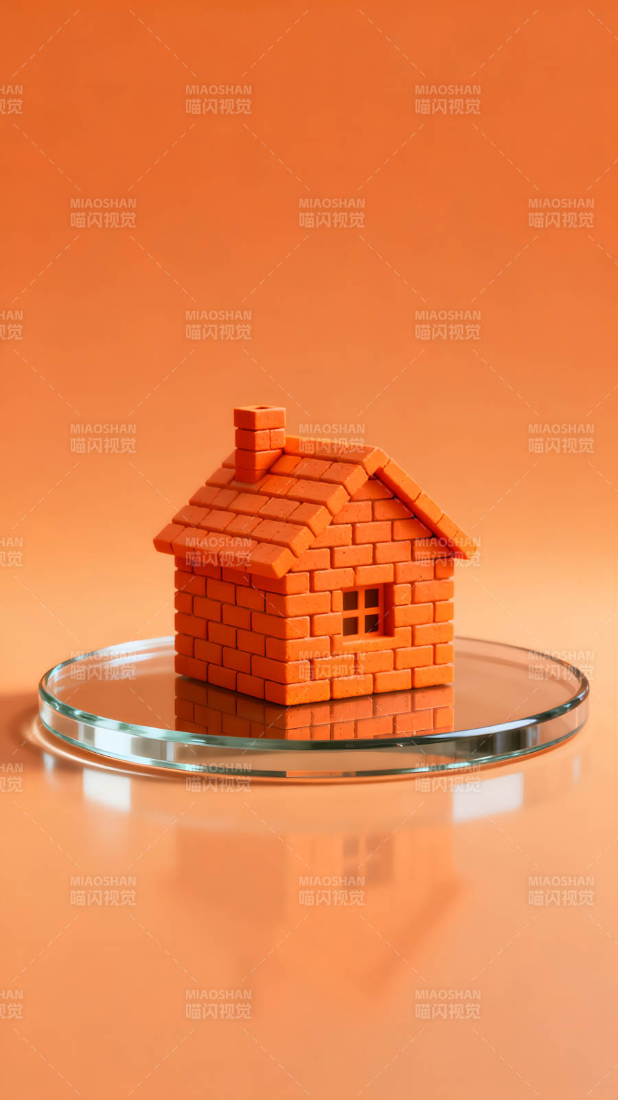 橙色砖块小屋置于玻璃盘上图片