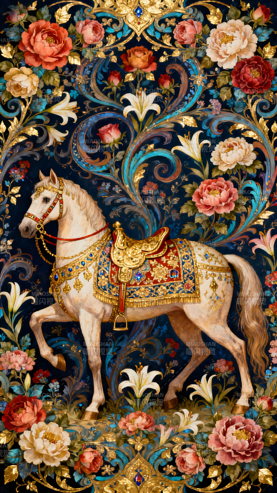 华丽马匹与繁花锦簇的装饰画图片