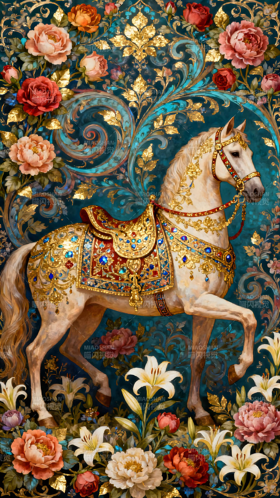华丽骏马与繁花装饰画图片