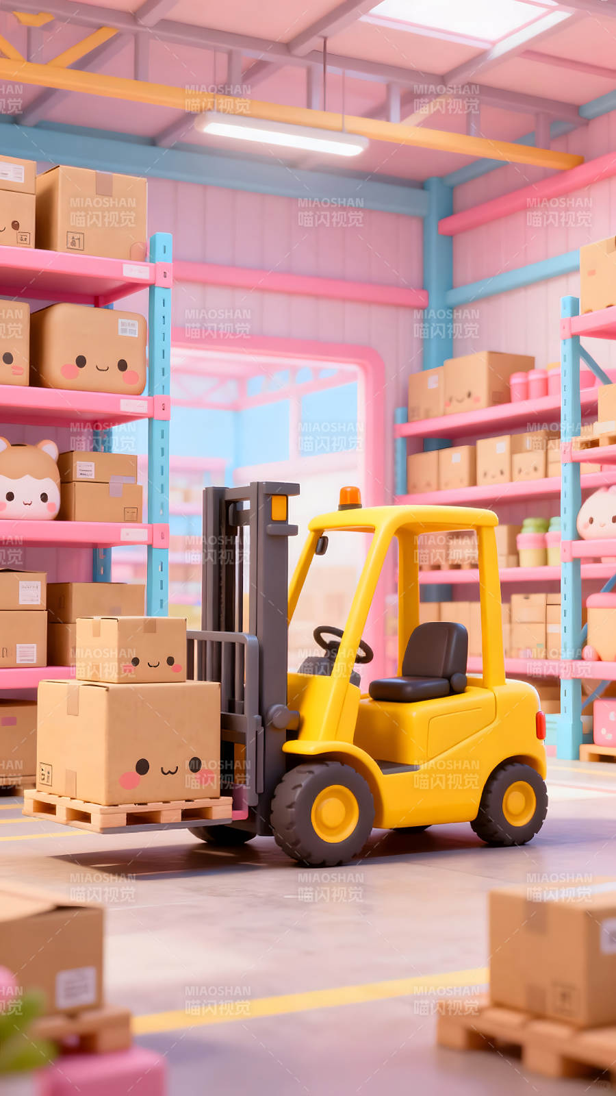可爱卡通仓库里的黄色叉车图片