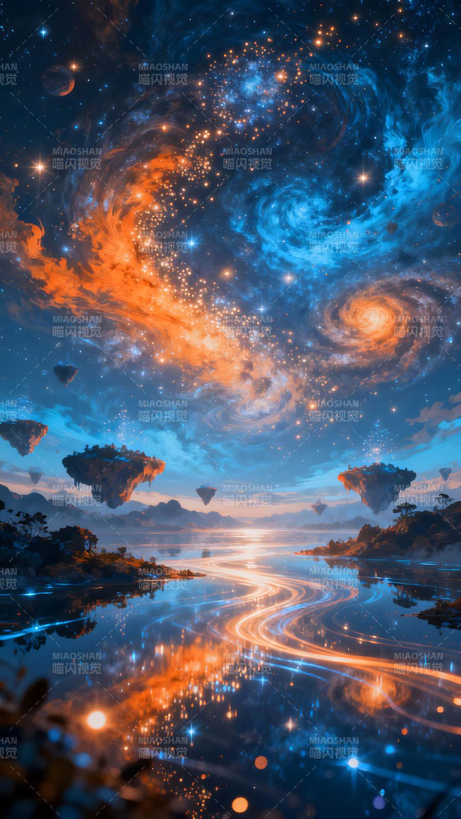 梦幻星空下的浮岛湖泊图片