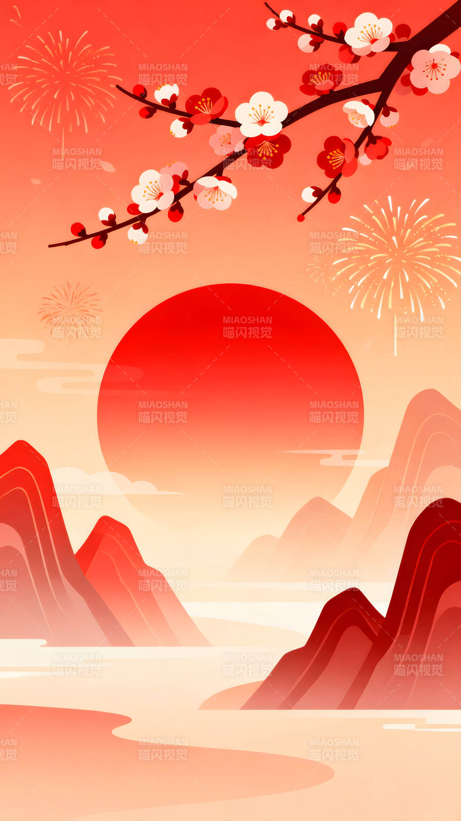 日出山河梅花绽放绚烂图片