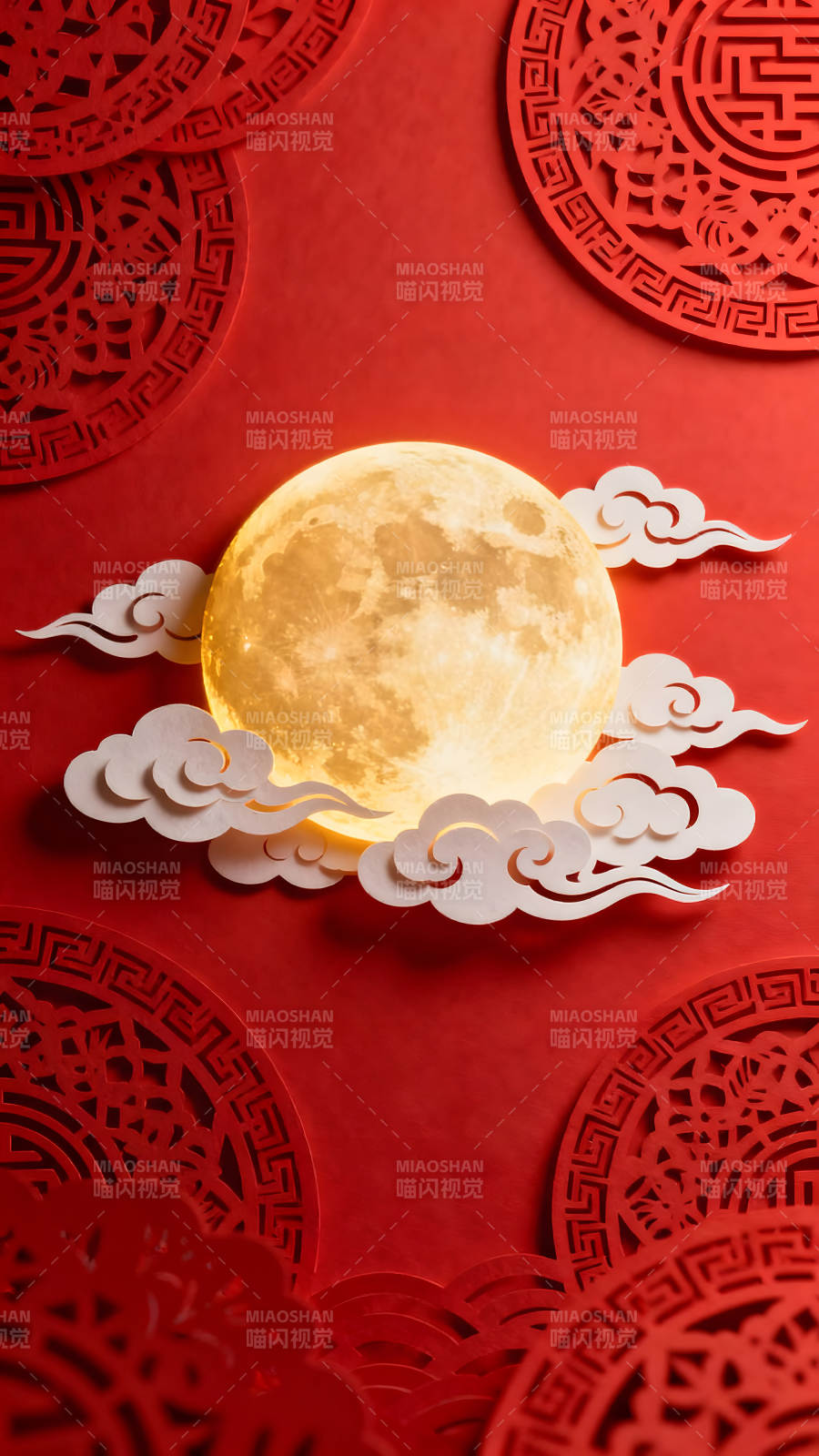 中秋月夜红色背景剪纸图片