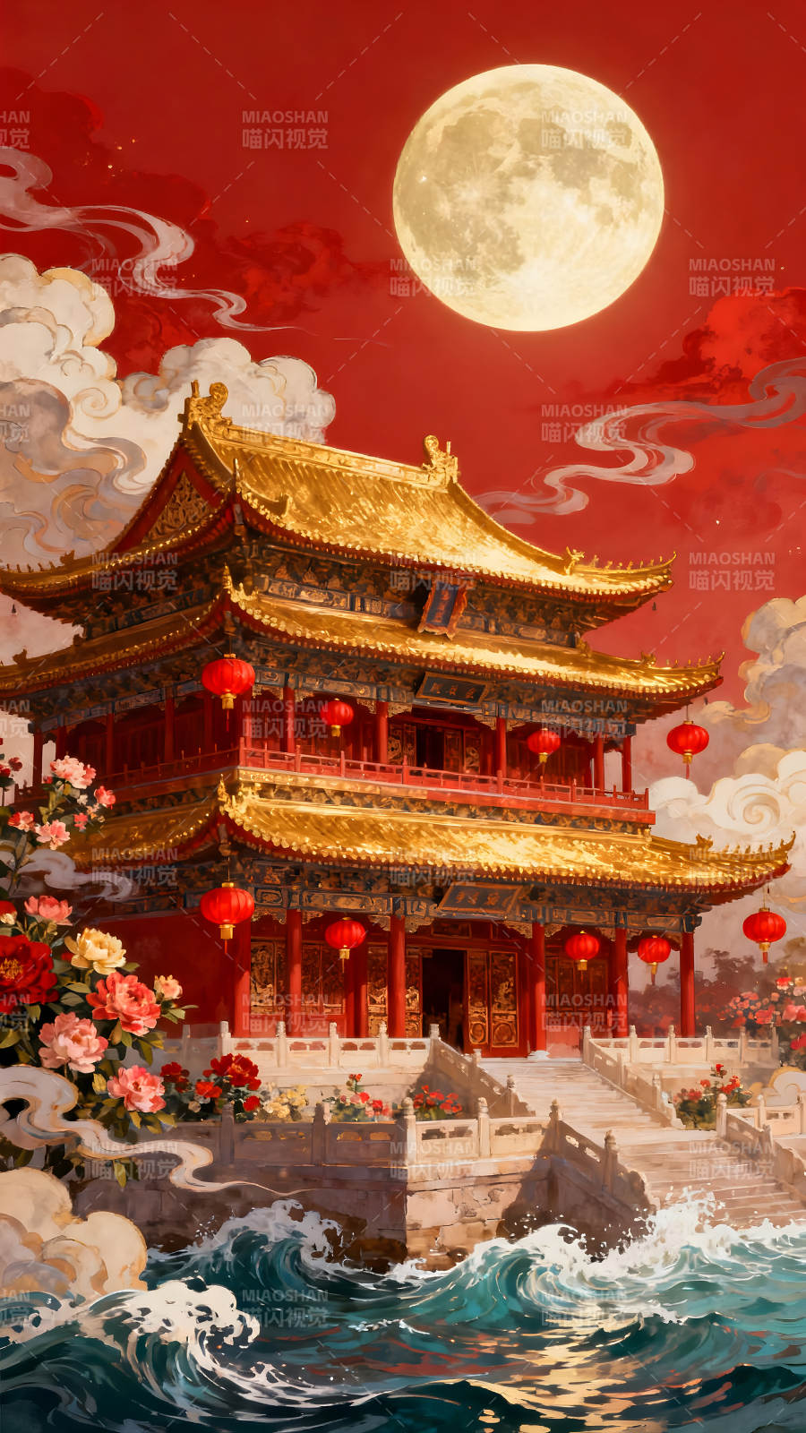 金碧辉煌的东方宫殿月夜祥和景象图片