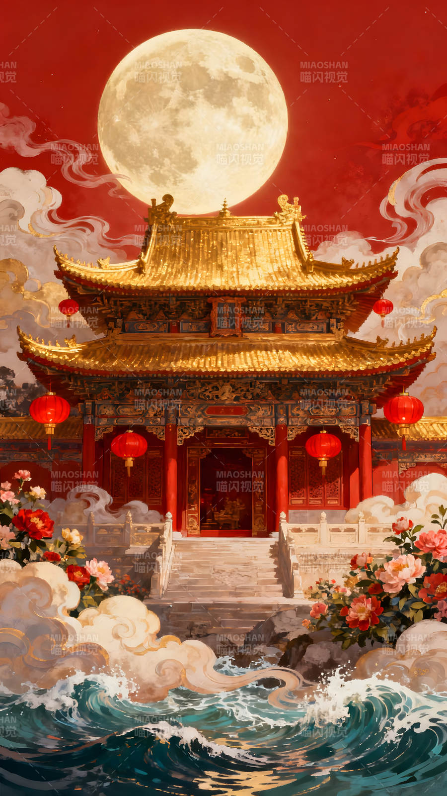 金碧辉煌的宫殿与明月映照图片